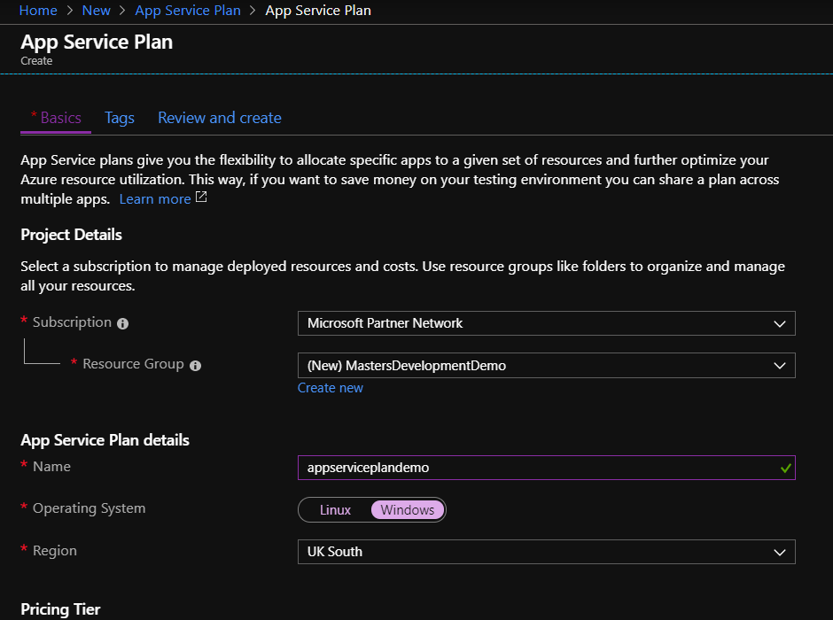 Defining an App Service Plan Details