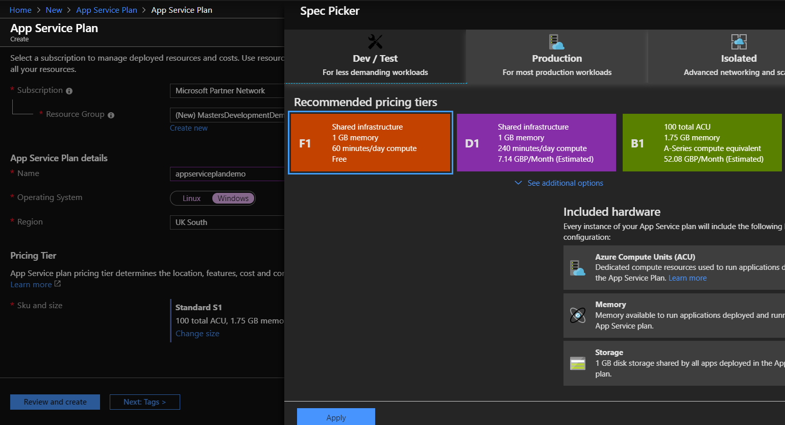 Setting an App Service Plan pricing tier